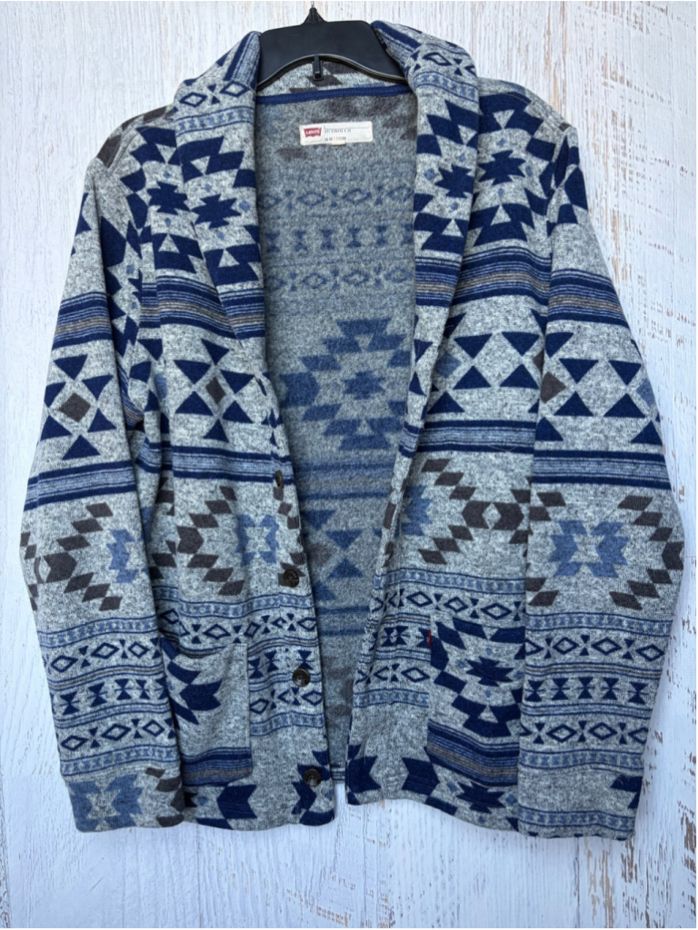 Women’s Levi's Aztec Patterned Cardigan Sweater Size L Grey Blue